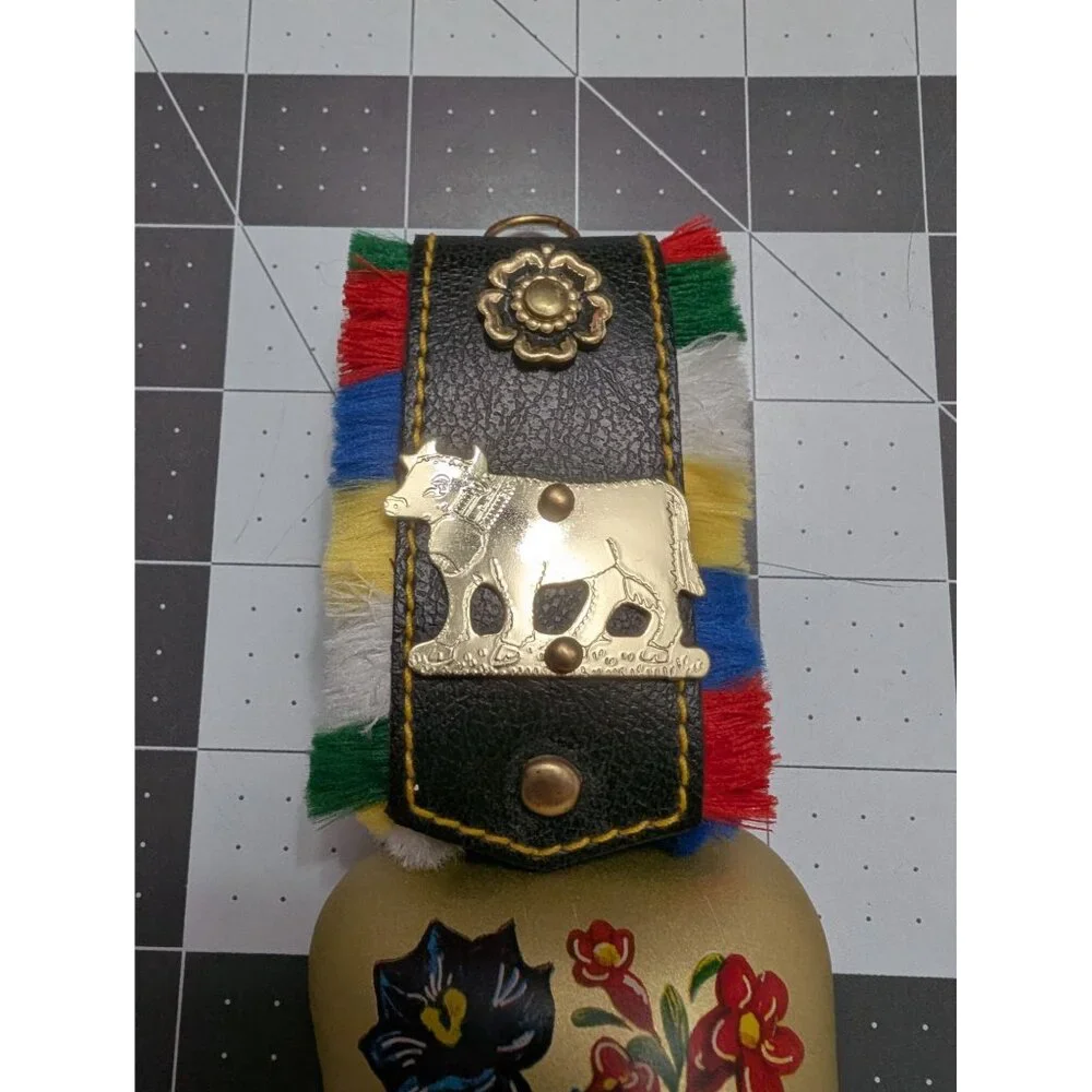 Cow Bell Brass painted wild flowers faux leather‎ colorful cow charm 6 inch